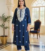 Teal embroidered viscose rayon kurta trouser set