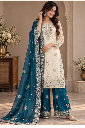 Cream and teal embroidered suit 3