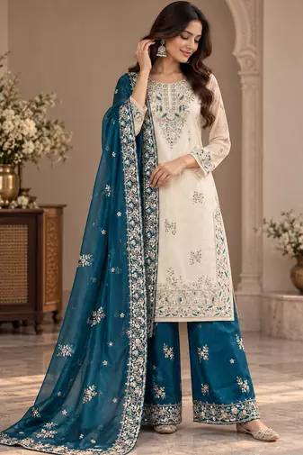Cream and teal embroidered suit