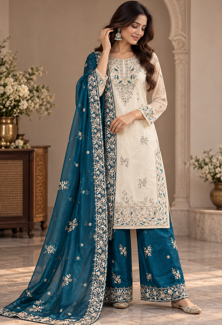 Cream and teal embroidered suit
