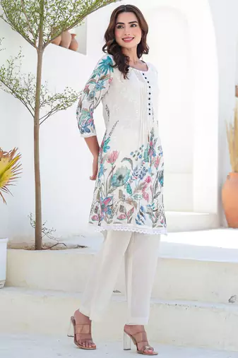 Multicolor printed pure cotton kurta trouser set