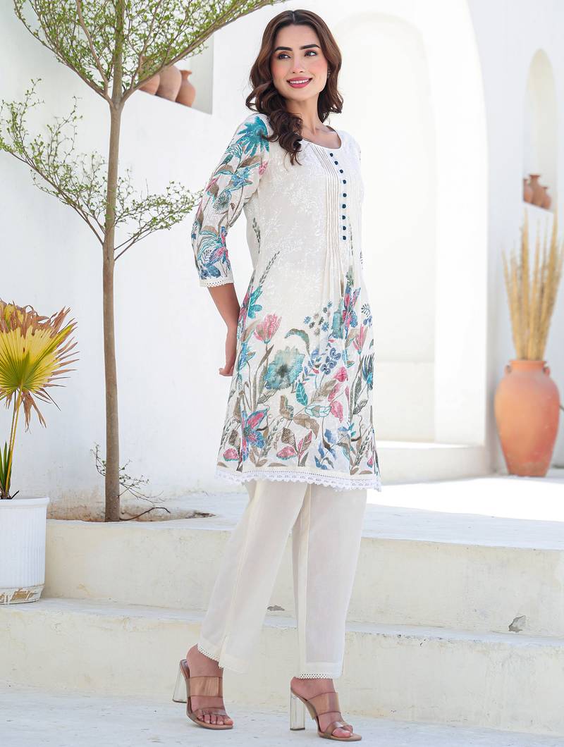 Multicolor printed pure cotton kurta trouser set