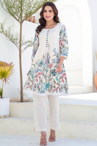 Multicolor printed pure cotton kurta trouser set