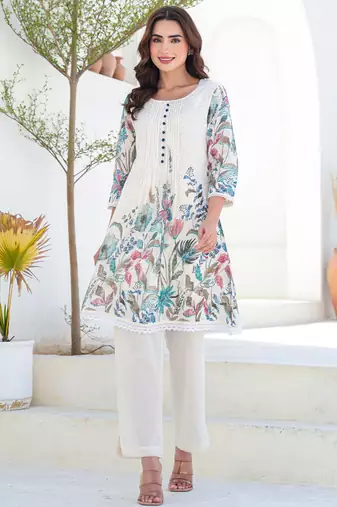Multicolor printed pure cotton kurta trouser set