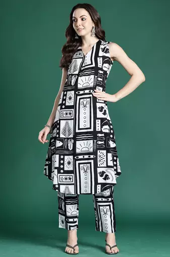 Black printed pure cotton kurta trouser set