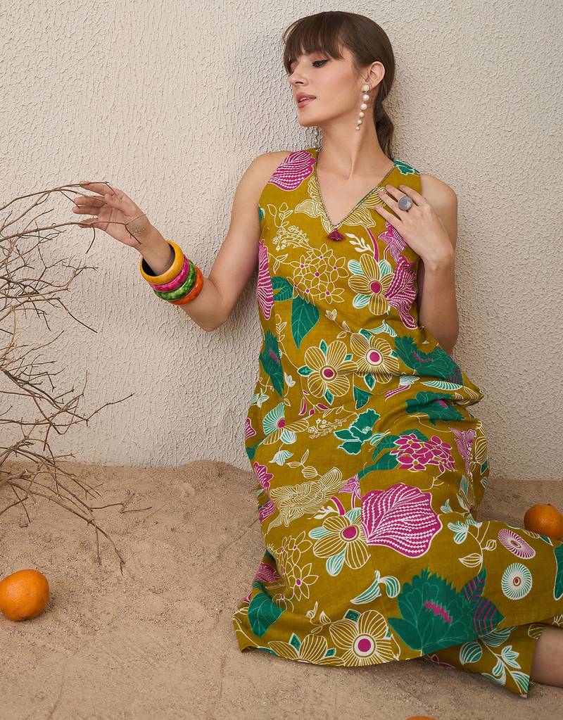 Yellow printed pure cotton kurta trouser set