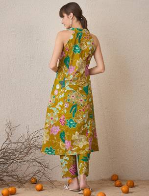 Yellow printed pure cotton kurta trouser set 2