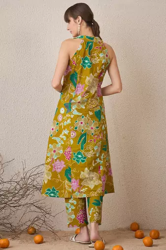 Yellow printed pure cotton kurta trouser set