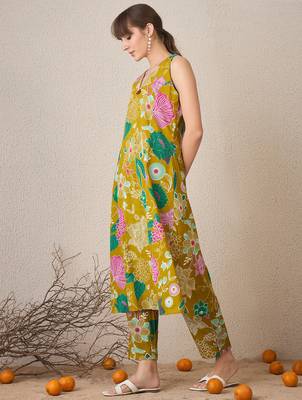 Yellow printed pure cotton kurta trouser set 3