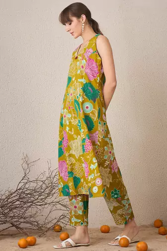 Yellow printed pure cotton kurta trouser set