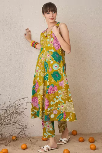 Yellow printed pure cotton kurta trouser set