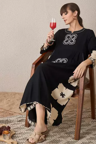 Black embroidered viscose rayon kurta trouser set
