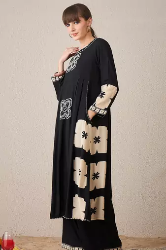 Black embroidered viscose rayon kurta trouser set