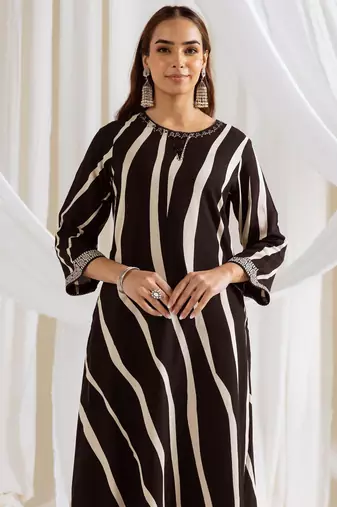 Black printed viscose rayon kurta trouser set