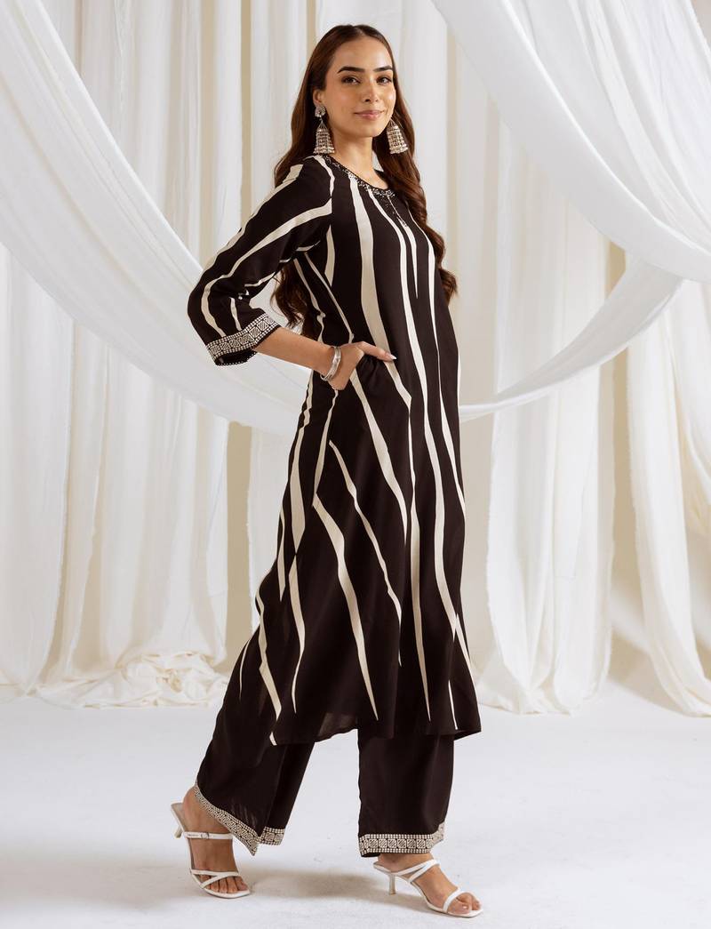 Black printed viscose rayon kurta trouser set