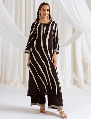 Black printed viscose rayon kurta trouser set 4