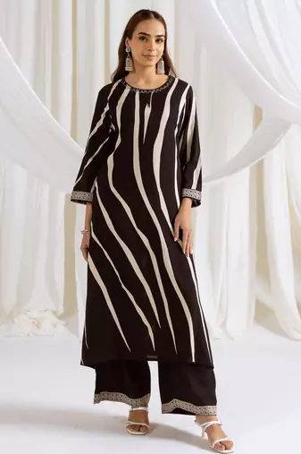 Black printed viscose rayon kurta trouser set
