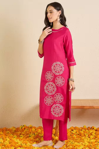 Pink embroidered silk kurta trouser set