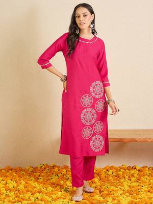 Pink embroidered silk kurta trouser set 4