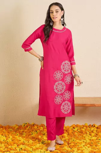 Pink embroidered silk kurta trouser set