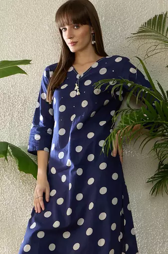 Blue printed pure cotton kurta trouser set