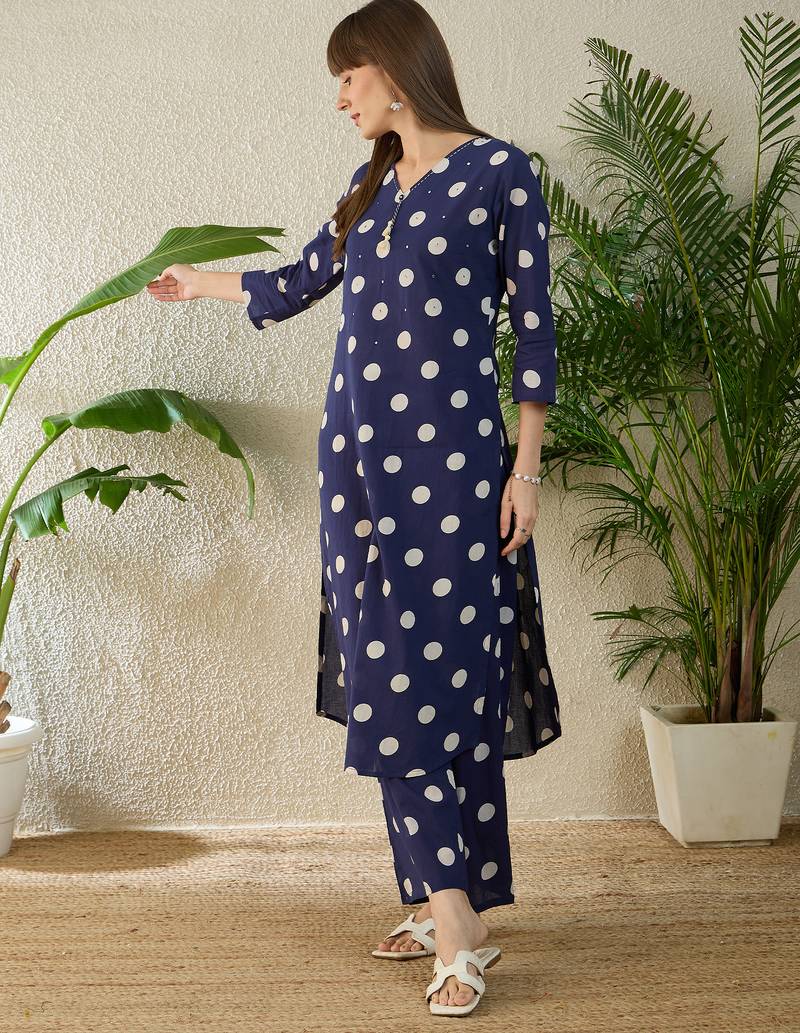 Blue printed pure cotton kurta trouser set