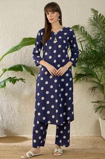 Blue printed pure cotton kurta trouser set