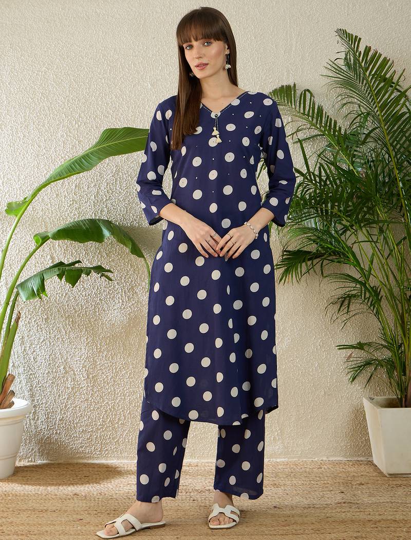 Blue printed pure cotton kurta trouser set