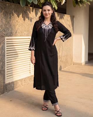 Black embroidered viscose rayon kurta trouser set 1