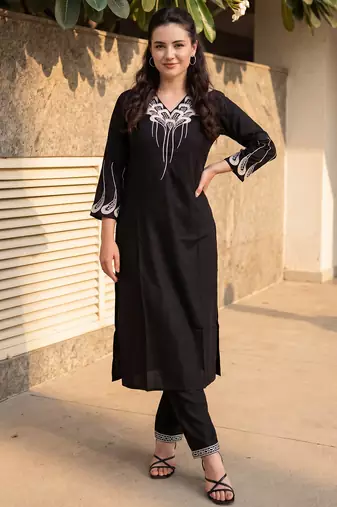 Black embroidered viscose rayon kurta trouser set