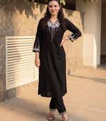 Black embroidered viscose rayon kurta trouser set