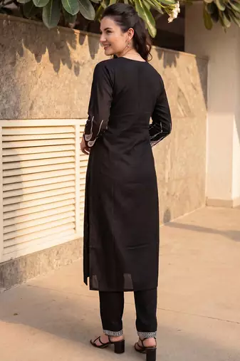 Black embroidered viscose rayon kurta trouser set