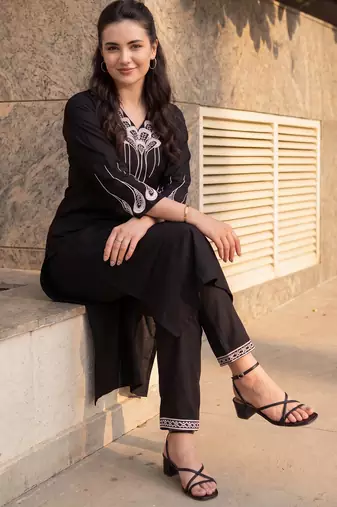 Black embroidered viscose rayon kurta trouser set