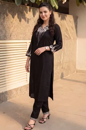 Black embroidered viscose rayon kurta trouser set