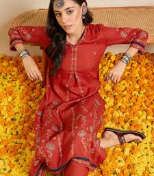 Red embroidered viscose rayon kurta trouser set