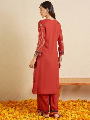 Red embroidered viscose rayon kurta trouser set 3