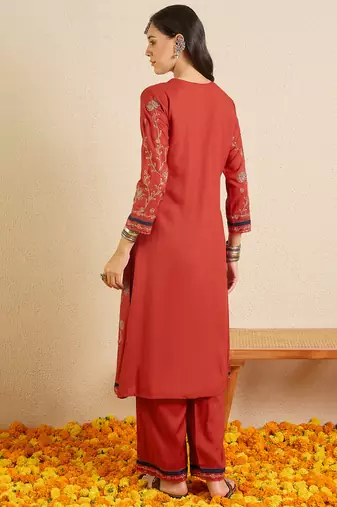 Red embroidered viscose rayon kurta trouser set