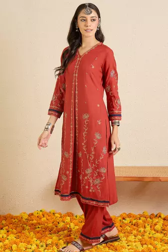 Red embroidered viscose rayon kurta trouser set