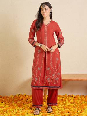 Red embroidered viscose rayon kurta trouser set 1