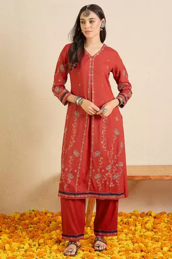 Red embroidered viscose rayon kurta trouser set