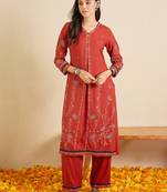 Red embroidered viscose rayon kurta trouser set