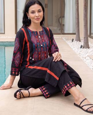 Black embroidered pure cotton kurta trouser set 2