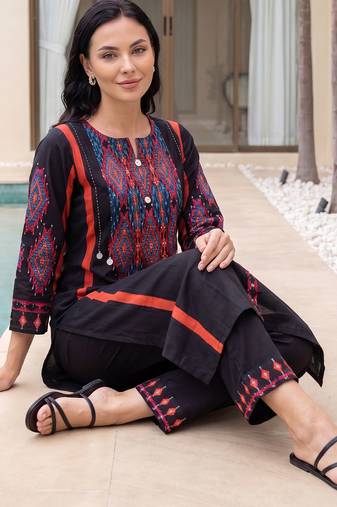 Black embroidered pure cotton kurta trouser set