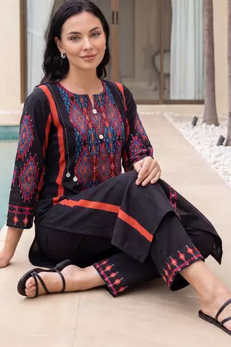 Black embroidered pure cotton kurta trouser set