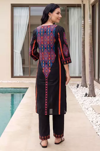 Black embroidered pure cotton kurta trouser set