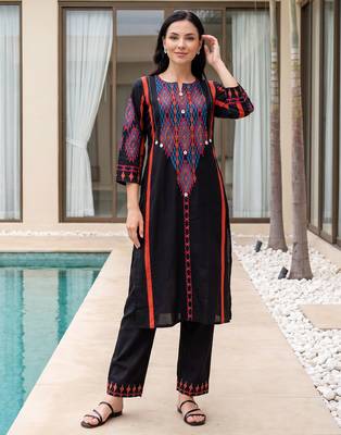 Black embroidered pure cotton kurta trouser set 1