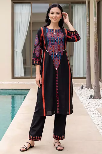 Black embroidered pure cotton kurta trouser set