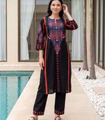 Black embroidered pure cotton kurta trouser set