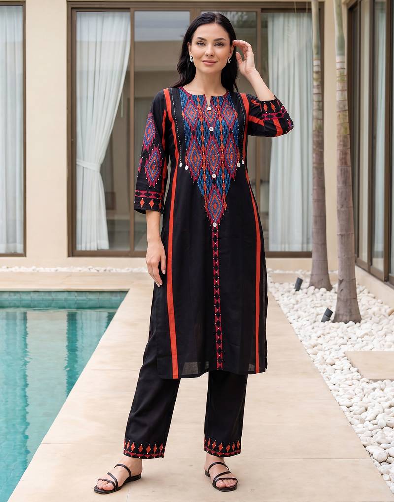 Black embroidered pure cotton kurta trouser set