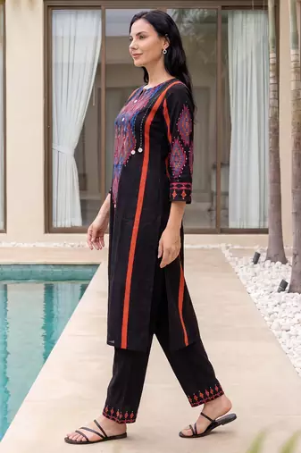 Black embroidered pure cotton kurta trouser set